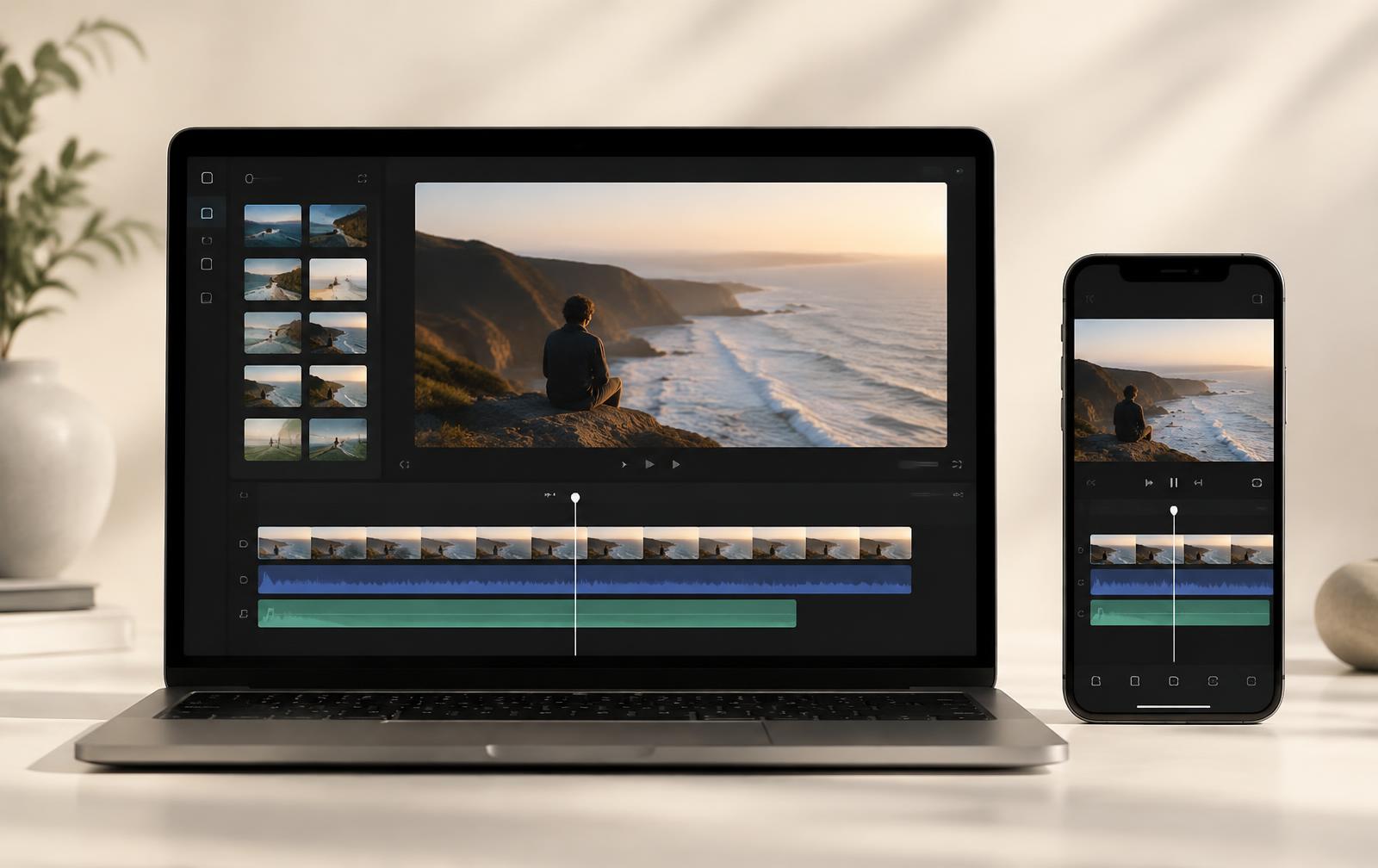 A MacBook Pro and an iPhone side by side, both showing the same recording